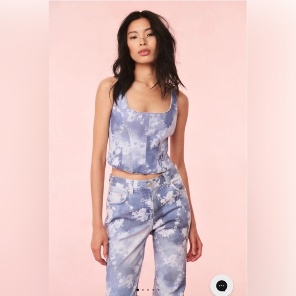NWT LoveshackFancy Emika Floral Denim Bustier Top in Bluebell Cloud - Picture 1 of 12